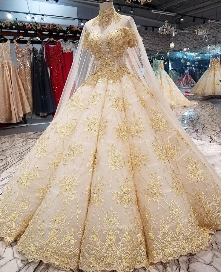Vintage Gold Dresses With Detachable Wrap Cape High Neck Beaded Appliques Arabic Bridal Gowns Custom Made Plus Size Wedding Dress