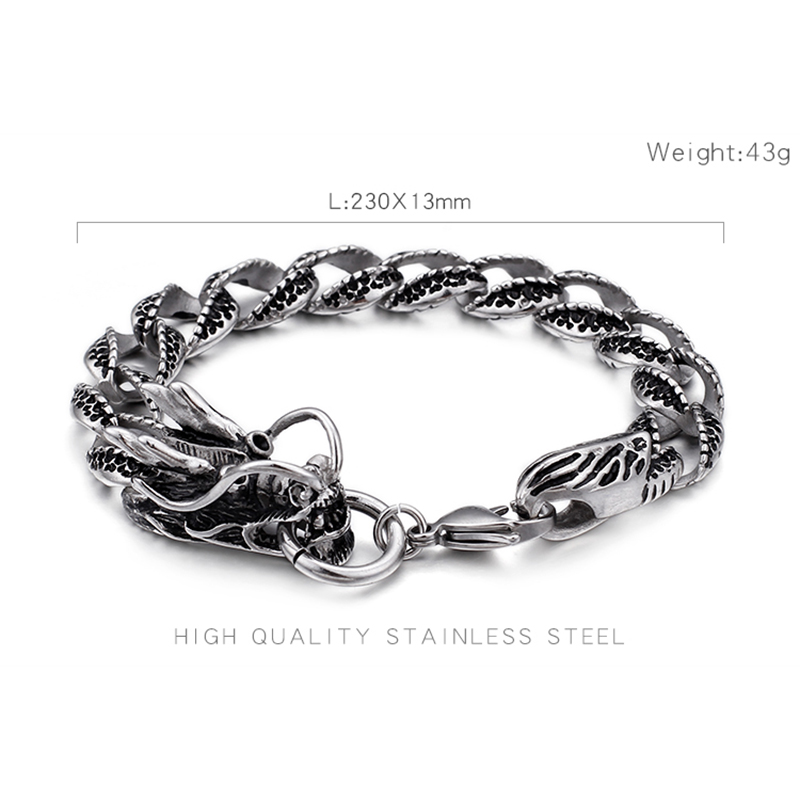 Men's Thick Heavy Stainless Steel Bracelet Classic Chinese Dragon Head Buckle High Polished Double Layers Snake Chain Bracelets