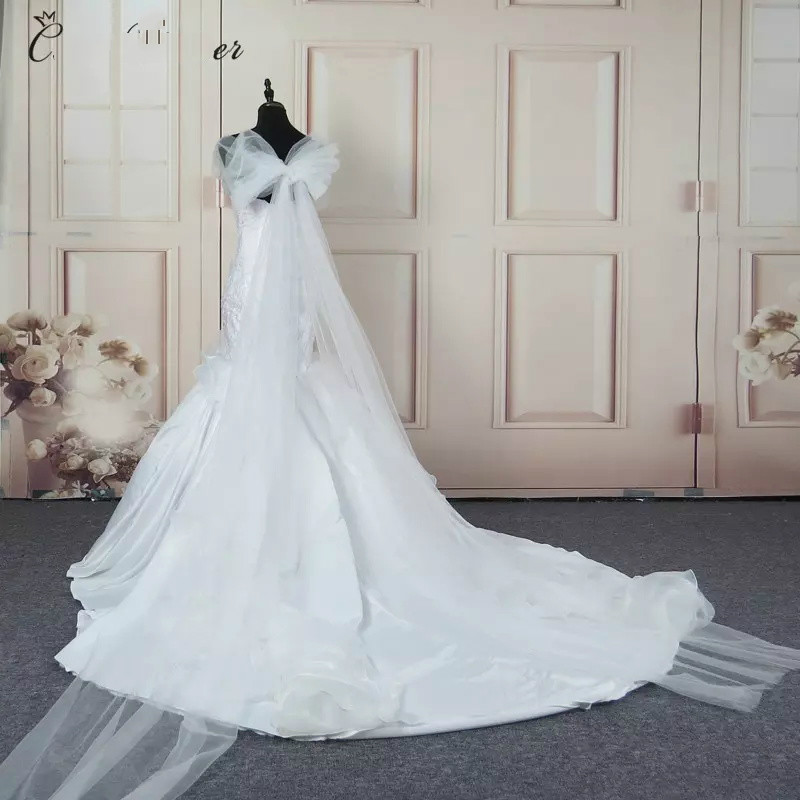 Real Pictures Mermaid Dresses Off Shoulder Africa Satin Appliques Lace Up Plus Size Bridal Beading Country Wedding Gowns