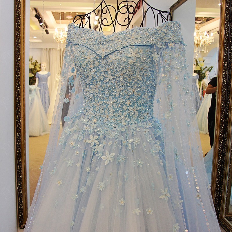 2022 Blue Off The Shoulder Wedding Dresses with Detachable Cape Beaded Pearls Applique Elegant Lace-up Back Bridal Wedding Gowns Real Photo