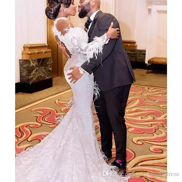 Mermaid Dresses Off The Shoulder High Neck Lace Appliques Bg Crystal Plus Size Wedding Dress Long Sleeve Bridal Gowns