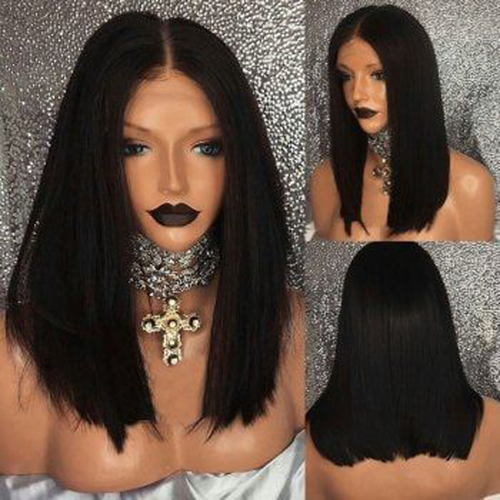 Stock Short Bob Wigs Natural Straight Black Wig Synthetic Lace Front Wig With Middle Parting Heat Resistant Hair For Women