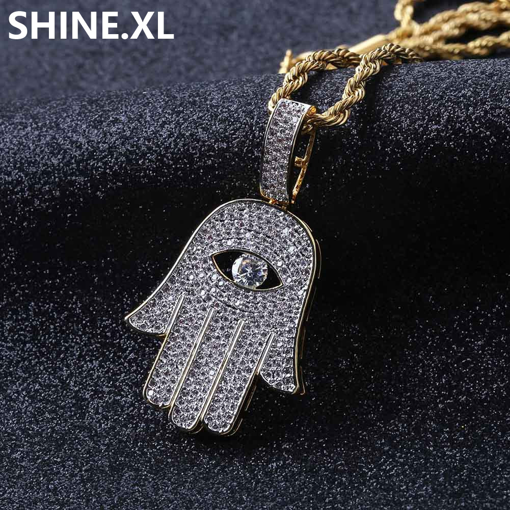 Hip Hop Evil Eye Hand Hamsa Pendant Necklace Womens Gold Color Plated Iced Out Micro Paved CZ Chain