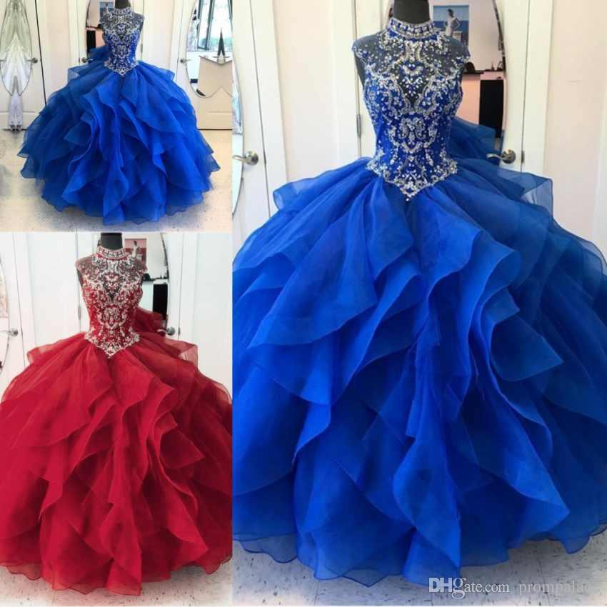 Sweet Dubai Arabic Year Royal Blue Red Ball Gown Quinceanera Dresses Vestido Debutante Anos Jewel Neck Pageant Brithday Prom Dress For Party Formal We