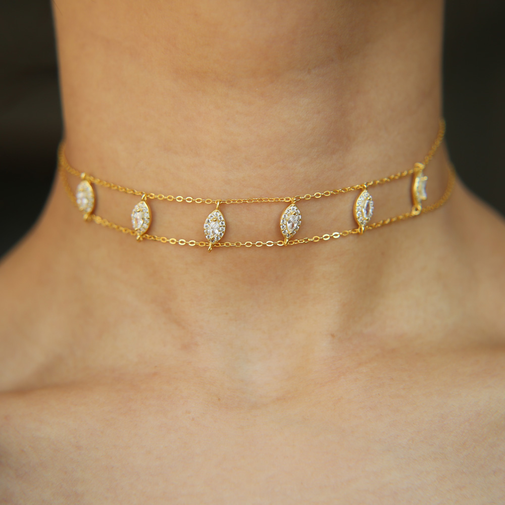 wedding engagment diamond choker necklace double chain chocker 925 sterling silver marquise cz gorgeous luxury jewelry