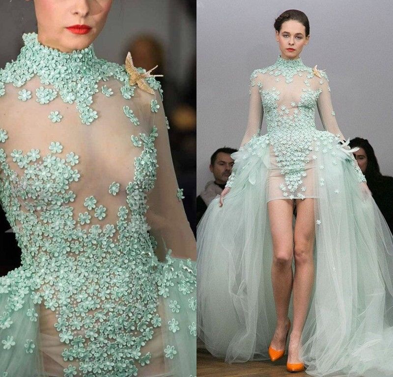 Mint Green Sheath Prom Dresses With Detachable Train Long Sleeves Appliqued Dress Evening Wear High Neck Pageant Formal Dress