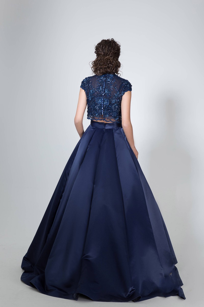 Dark Navy Two Pieces Prom Dress High Collar Embroidery Sequins Beaded Covered Button Long Evening Dresses