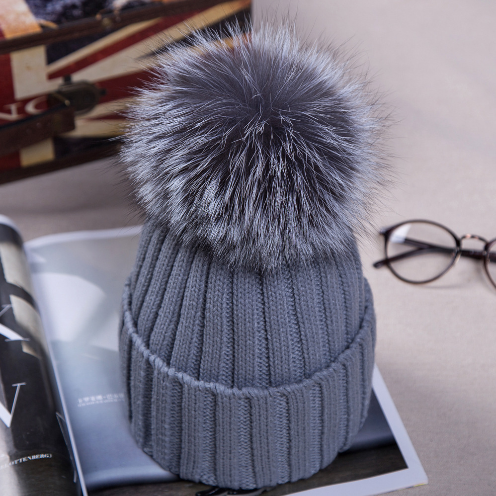 Women's Knitted Cap with 12cm Silver Fox Fur Pompom Tops Caps Fashion Winter Hats Skullies Beanies Female Cap D18110601