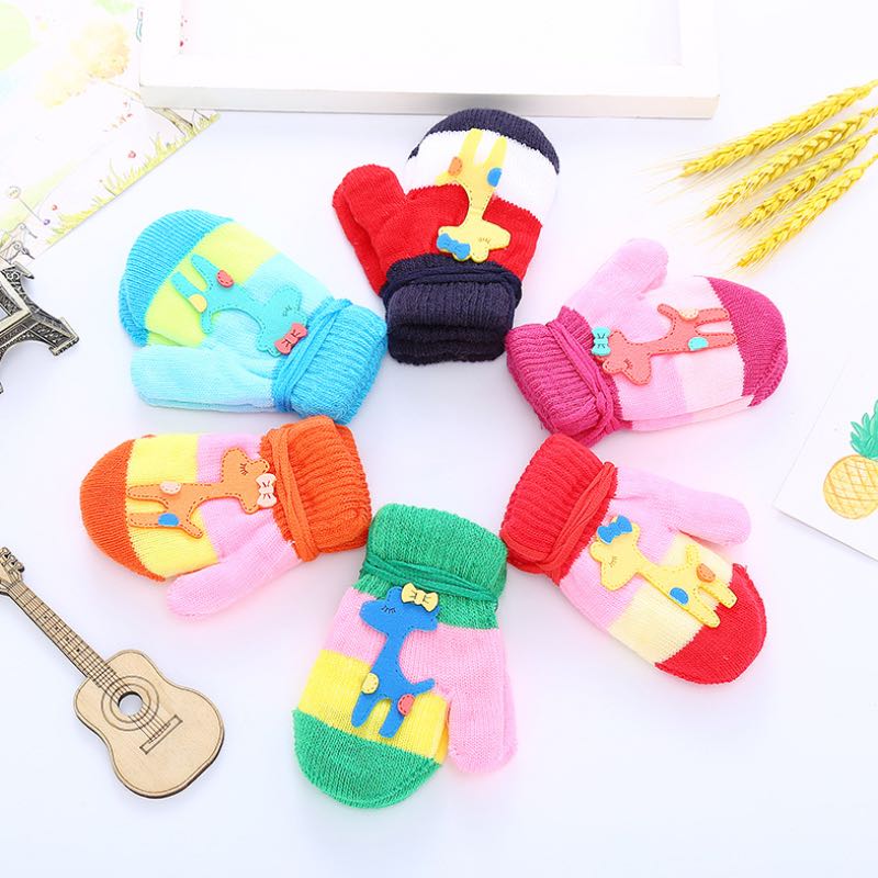 Lovely Baby Colorful Knitted Gloves Ice Cream Rabbit Bear Flower Deer Cute Kids Mitten With Hanging Rope 8 Different Style