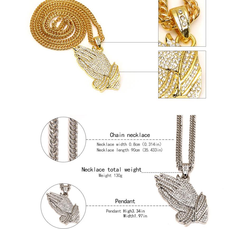 Silver Praying Hands Hiphop Bling diamond Necklace palmspalms Mens 18k Gold Religous Jewlry Iced Out Prayer Jesus Women Men Gift Plating
Silver Praying Hands Hiphop Bling diamond Necklace palmspalms Mens 18k Gold Religous Jewlry Iced Out Prayer Jesus Women Men Gift Plating