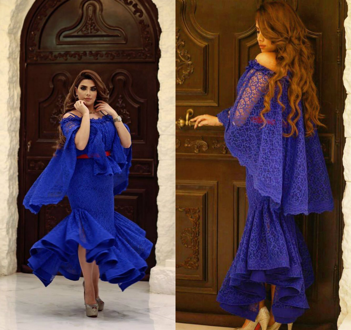 Sexy Arabia Women Prom Dresses Fashion Royal Lace Mermaid Party Dress Charming Off Shoulder Ankle Length Evening Dress With Wrap