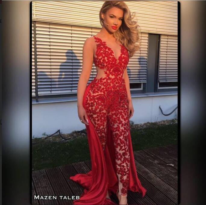 red jumpsuits prom dresses with trail saudi arabic illusion v neck evening gowns lace appliqued zuhair murad party suit