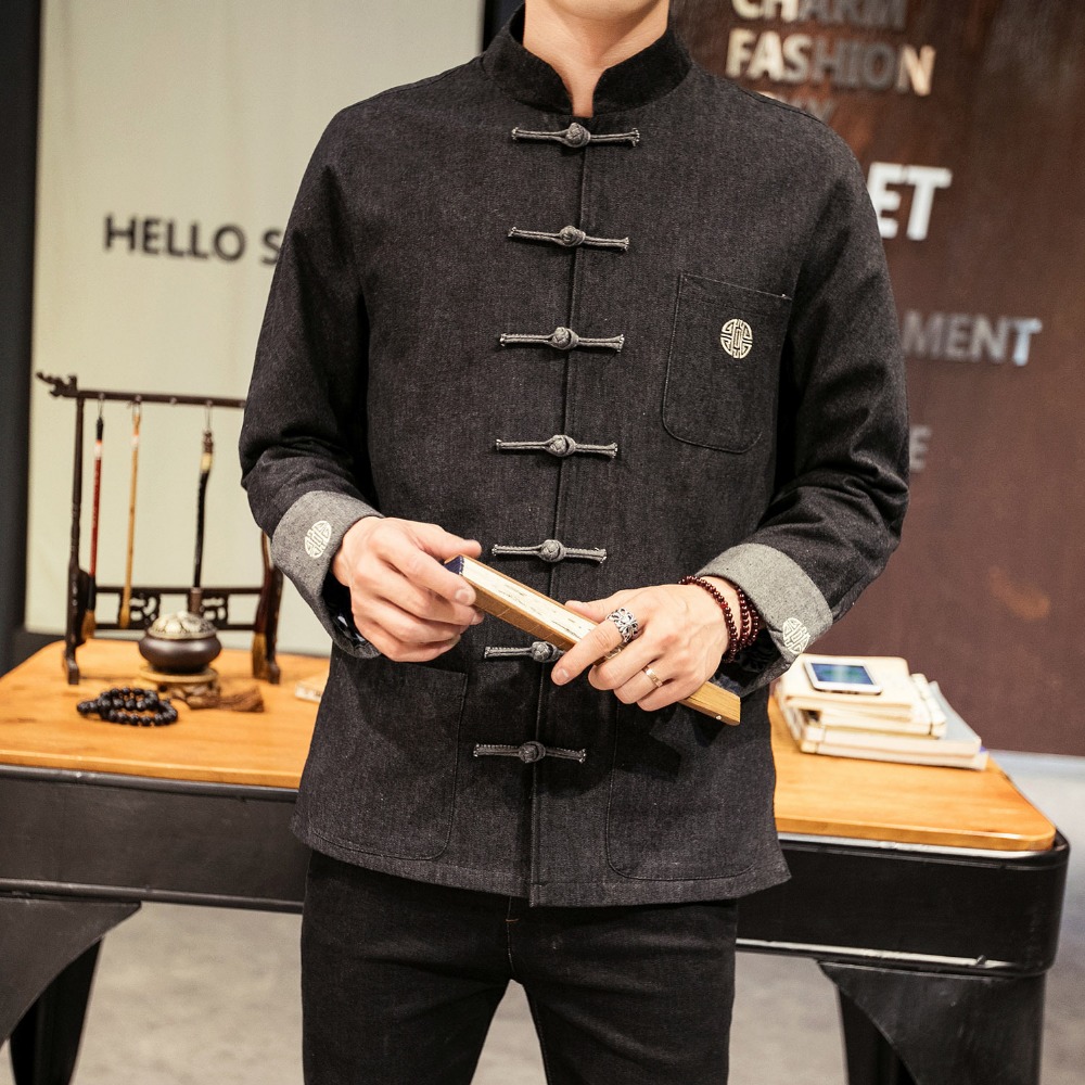 Chinese Style Jackets Men Jeans Blue Open Stitch Retro Jacket Autumn Buttons Man Clothing Embroidery Mens Jackets Size M-5XL