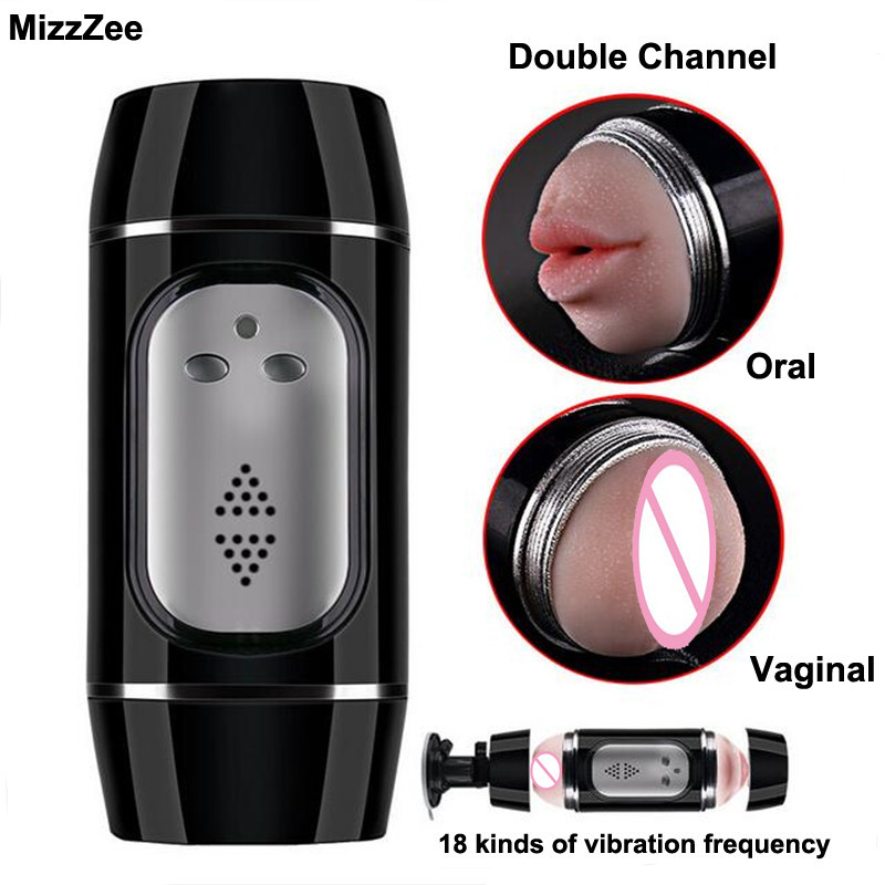 Double channel Oral sex Vibrator erotic toys for men Realistic Vagina real pussy Male Masturbator for man Blowjob Adult toys Y1890804