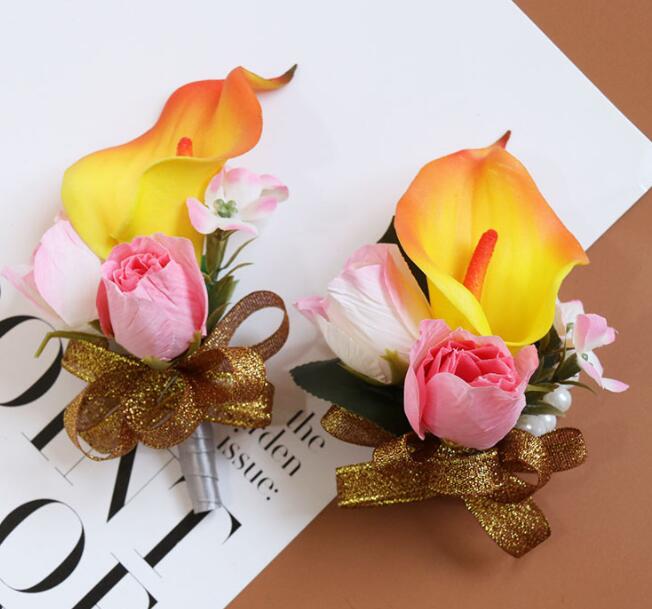 Boutonniere Wedding Corsages and Boutonnieres Ribbon Roses Callas Silk Flower Boutonnieres Groom Men Mariage Wedding Accessories