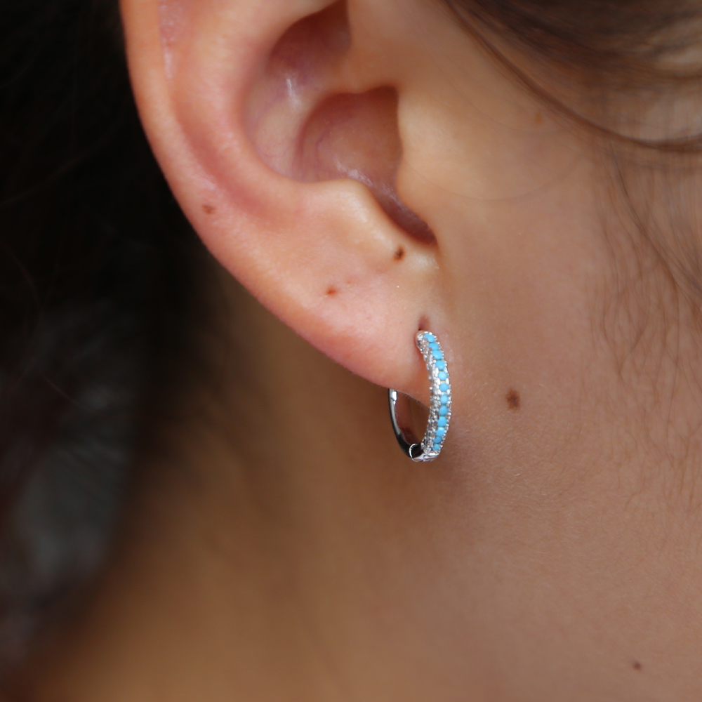 Blue turquoise & white cubic zirconia round 13mm hoop earring Huggie hoope multi piercing fashion women earbone jewelry