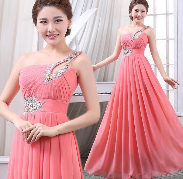 Cheap under 50 Sexy One Shoulder Chiffon Bridesmaid Long Blush Pink Pleated Beaded Evening Dresses Prom Gowns Party Homecoming Dress