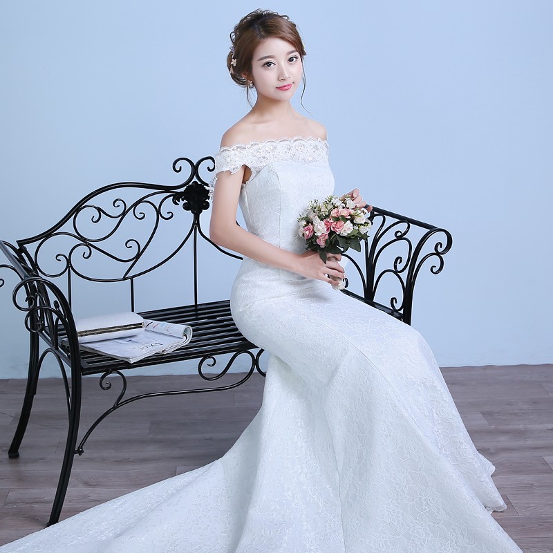 Real Photo Sexy Mermaid Train Wedding Dress 2018 New Style Korean Smiple Lace Crystal Fishtail Bride Princess estidos de noiva