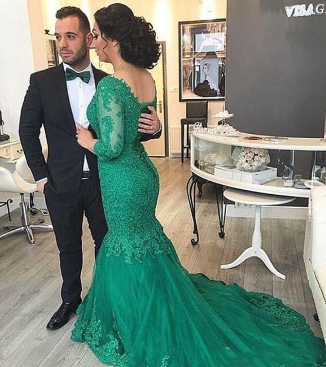 Vintage Mermaid Formal Green Lace Celebrity Elegant Women Party Evening Wear Mother Of The Bride Dresses Long Sleeve 0510