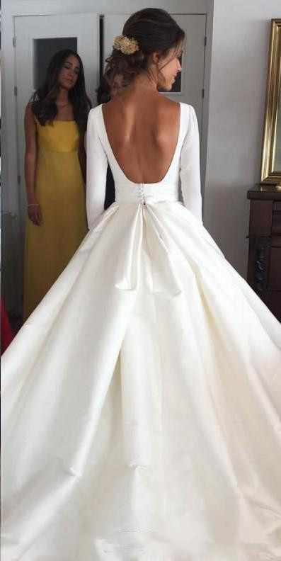 Simple Satin A Line Wedding Dresses Long Sleeves Backless Bridal Gowns Custom Made