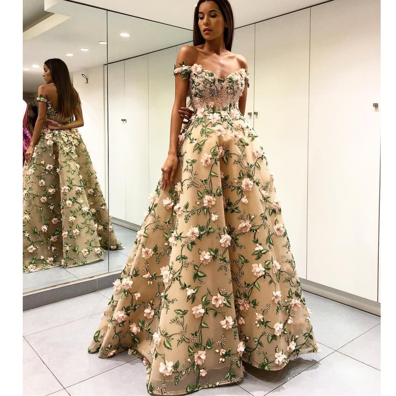 Dubai Fashion Formal Evening Dresses 3D Flowers Sexy Off Shoulder Beads Applique Tulle Ball Gown Prom Dress Glamorous Saudi Celebrity Dress