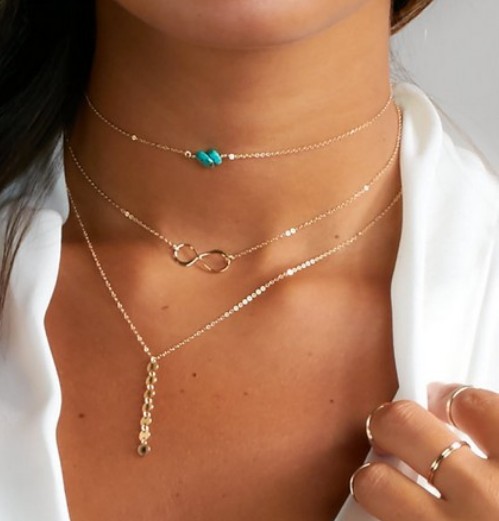 Chain Chokers Necklaces Handmade Craft Triple Layer Turquoise Beading Lucky 8 Gold/Silver Tone Simple Necklaces