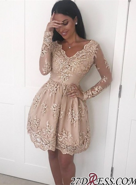 Lovely Homecoming Dresses V Neck Lace Applqiues Short Mini Prom Dress Party Wear Custom Made Long Sleeve Evening Gowns Special Occasion