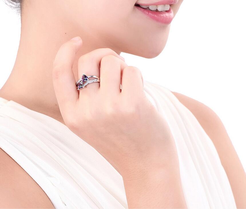 Hot Sell Cute Fashion Jewelry 925 Sterling Silver Double Heart Color Rianbow Gemstones Women Wedding Engagement Band Ring For Lovers' Gift