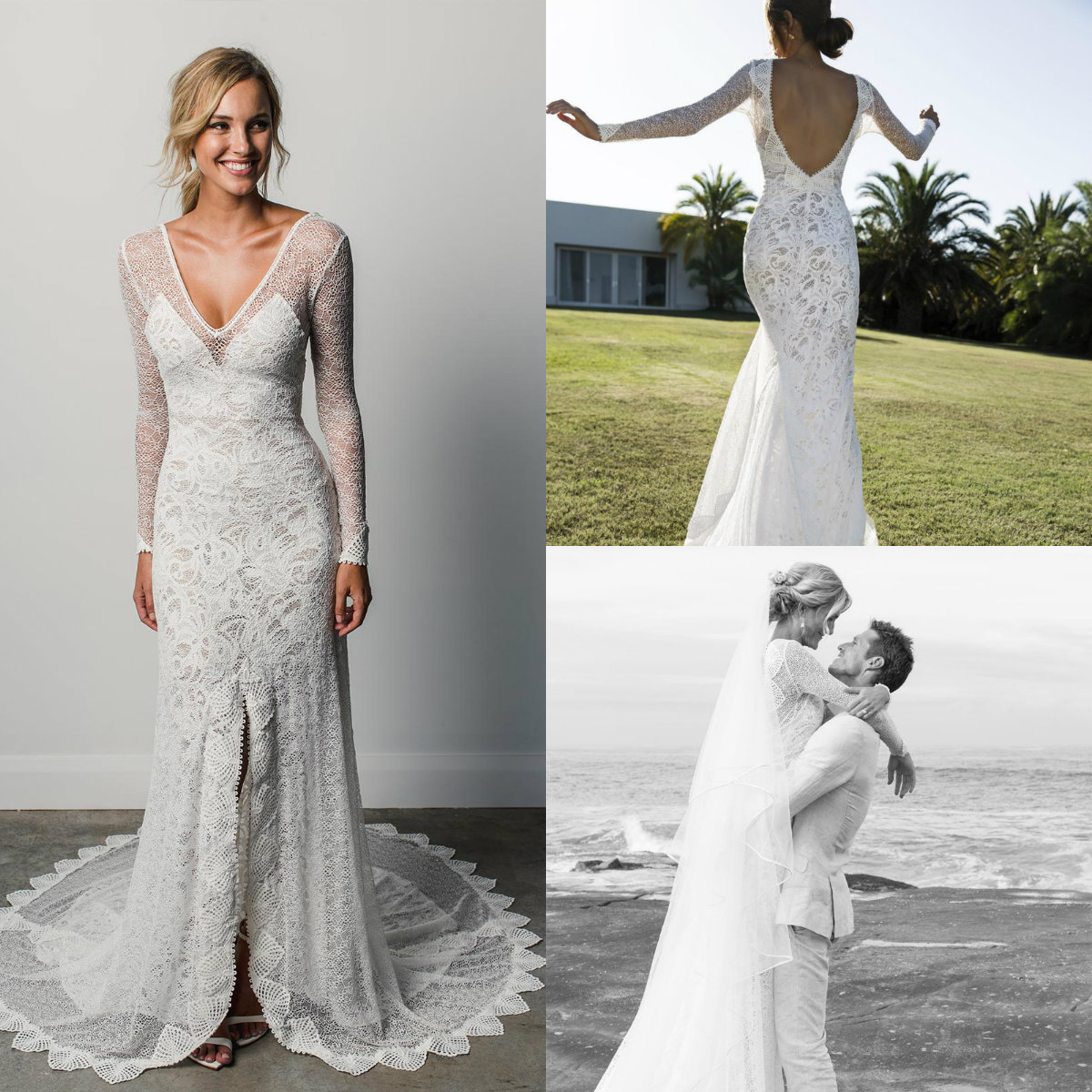 Modest Long Sleeve Dresses V Neck Lace Front Split Sexy Backless Sweep Train Mermaid Wedding Gowns Illusion Plus Size Bridal Dress