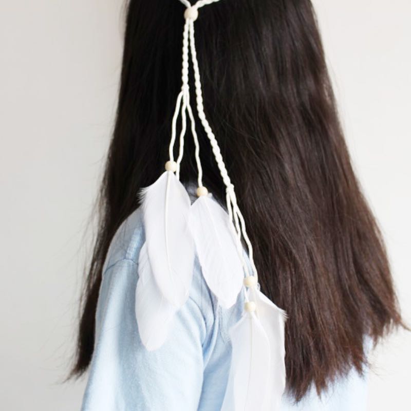 Romani White Feather Headbands Bohemian Brides Hair Rope Bead Longe Woven Pretty Immaculate