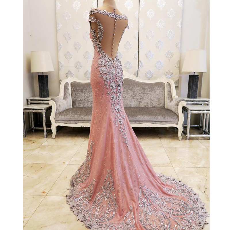 Gorgeous Luxurious Pink Prom Dress Sparkling Crystals Beaded Sheer Neckline Appliques Pageant Dress Fashion Dubai Mermaid Evening Dresses