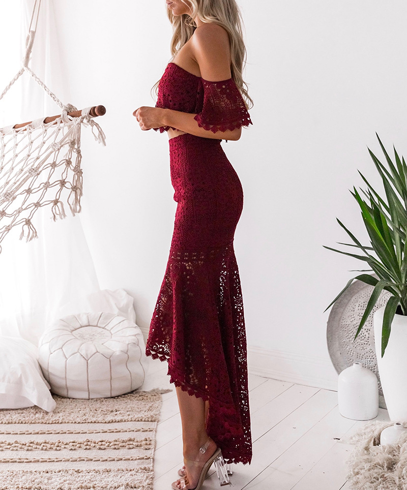 2018 Summer Fashion Two Piece Set Off Shoulder Lace Tops Mermaid Skirt Set Ruffles Lace Skirts Elegant Crop Tops 2 Piece Sets