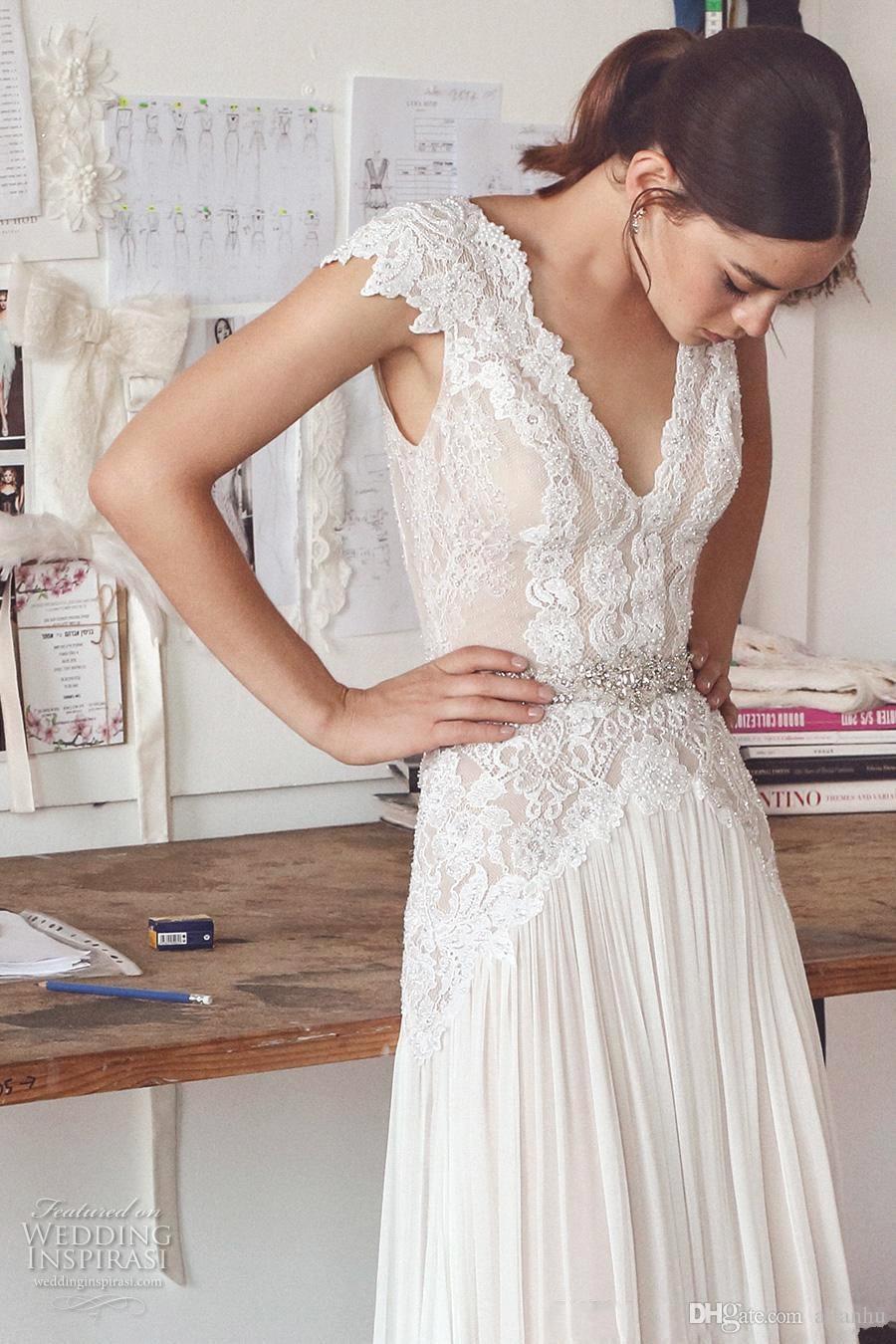 New Bohemian Summer Design Backless V Neck Cheap Chiffon Boho Beaded Crystals Sashes Chic Beach Country Bridal Gowns Wedding Dresses