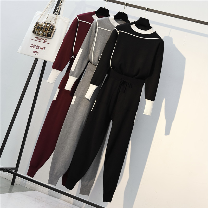 Winter Women Knitted 2 Piece Set Long Sleeve O Neck Sportwear Pullover Sweater And Pocket Pant Suit 2 PCS Outfits Plus Size1