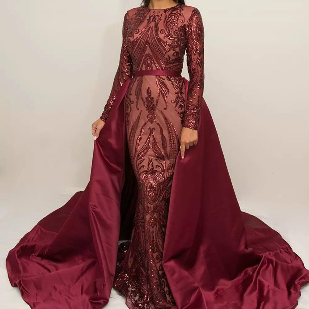 Burgundy Mermaid Prom Dresses With Detachable Skirt Long Sleeve Lace Appliqued Satin Generous Evening Dresses Formal Gowns Party