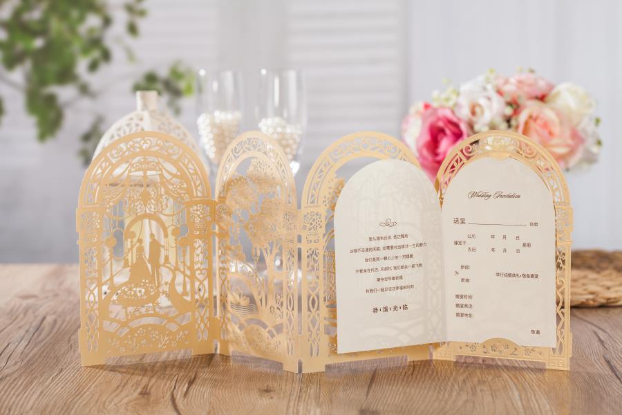 2021 Gold custom personalized Wishmade laser cut wedding invitation cards kit, with envelopes, seals, personalized printing, for wedding
