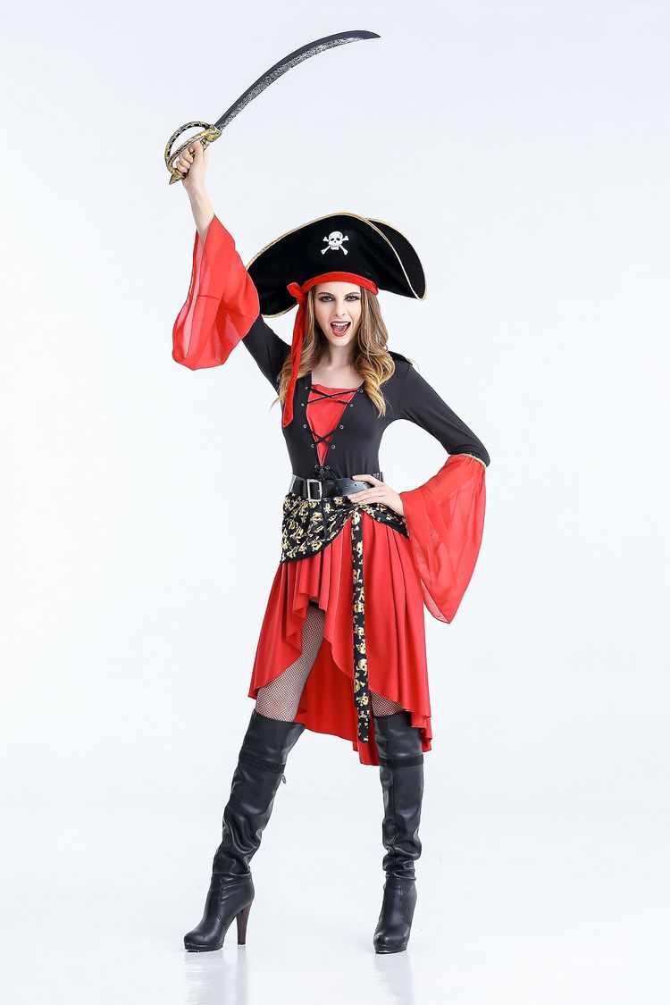 Female Pirate Halloween Costumes For Adults Hi Lo Long Sleeves Cotton Three Pieces (Dress+Hat+Belt) Halloween Party Dress In Stock