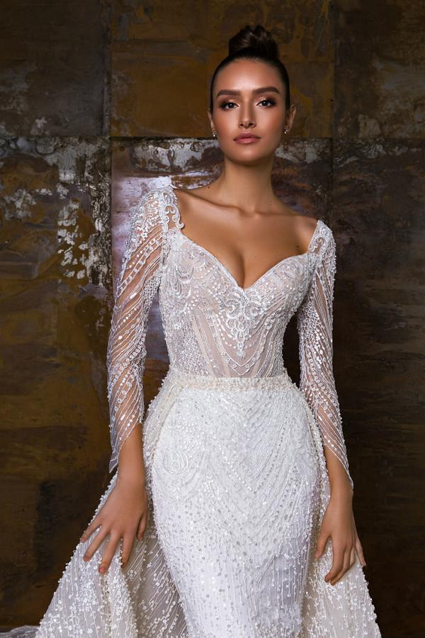 Gorgeous Mermaid 2019 Wedding Dresses With Detachable Train Sweetheart Long Sleeves Crystal Wedding Dress Lace Appliqued Bridal Gowns