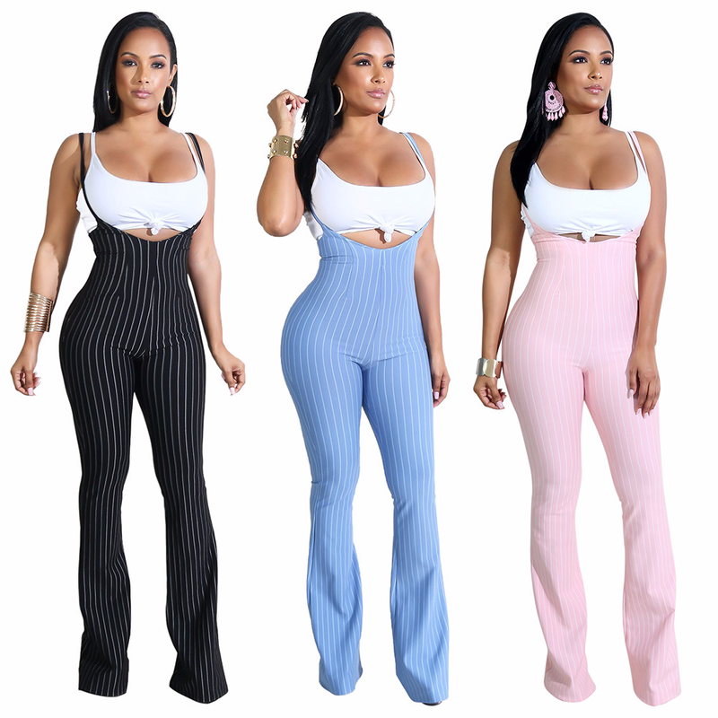 SexeMara Black Striped Casual 2 Piece Set Women Summer Outfits Sexy Spandex Crop Top and Sling Long Flare Pants Suit D35-AD22