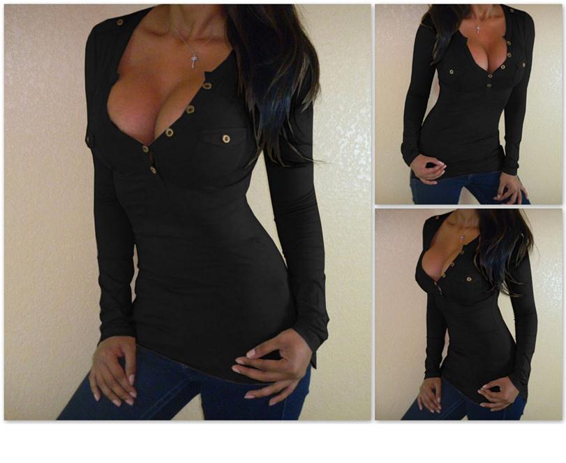 2019 Autumn Black Women Long Sleeve T-Shirt Fashion Front Pockets Low Cut Sexy Tops Casual Femal Tight Buttons Open Chest Clothing, Blue
2019 Autumn Black Women Long Sleeve T-Shirt Fashion Front Pockets Low Cut Sexy Tops Casual Femal Tight Buttons Open Chest Clothing, Blue