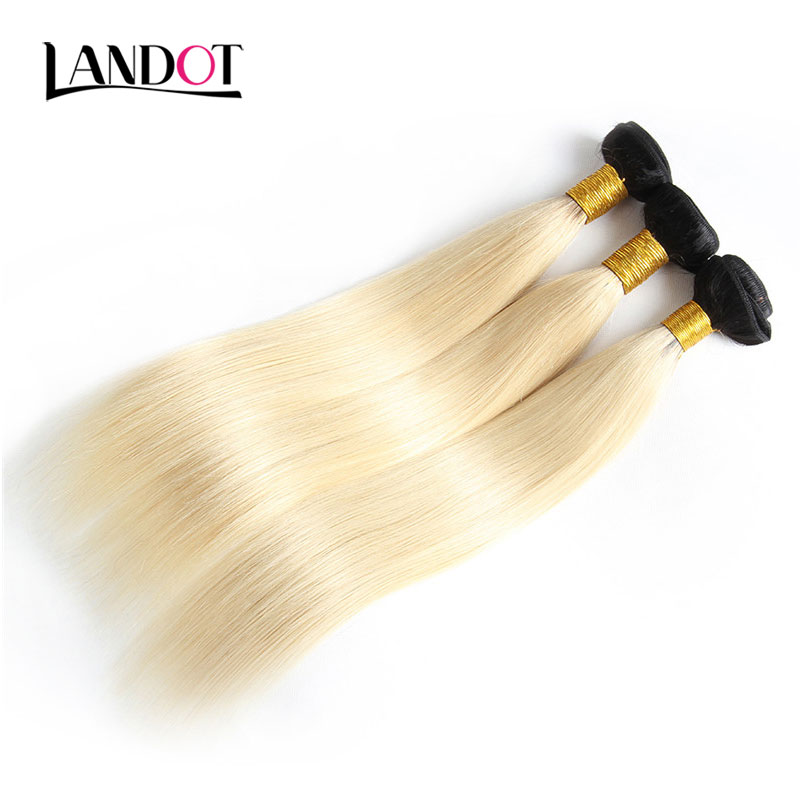 9A Ombre 1B/613# Bleach Blonde Lace Closures With 3 Bundles Brazilian Straight Virgin Human Hair Weaves Peruvian Malaysian Hair Extensions