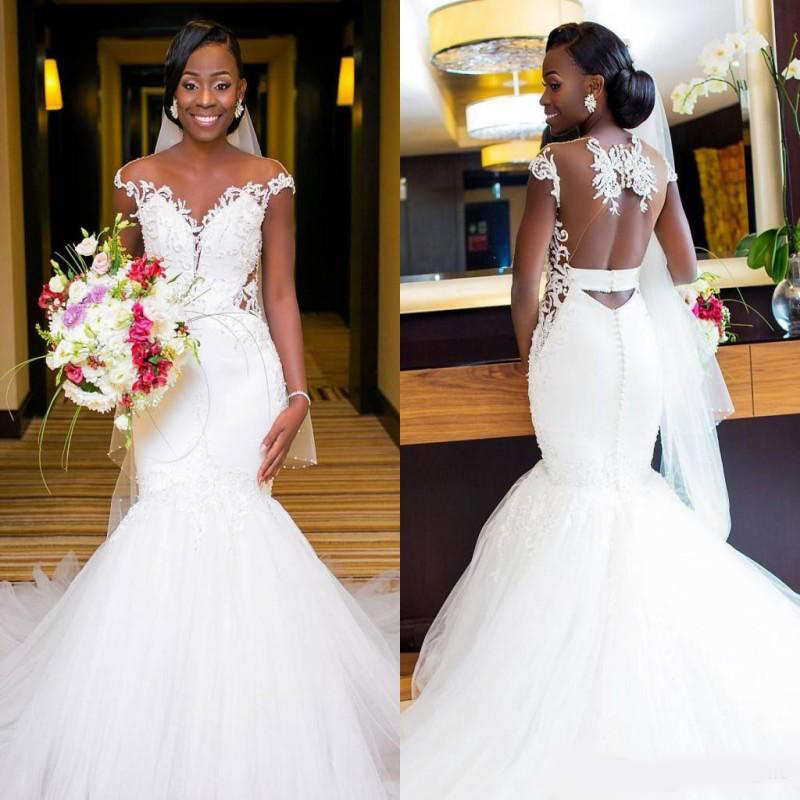 African Mermaid Wedding Dresses With Sheer Neck Cap Sleeves Open Back beach wedding dresses Appliques Long Sexy Bridal Gowns Boho