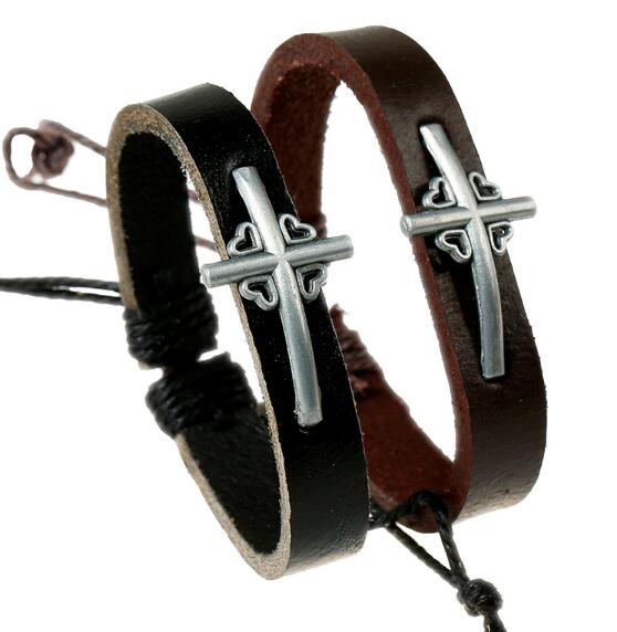 2018 hot sales 100% Genuine Leather Bracelets 15 style selection religious cross Bracelets Men Women Jewelry Charm Leather Bracelet