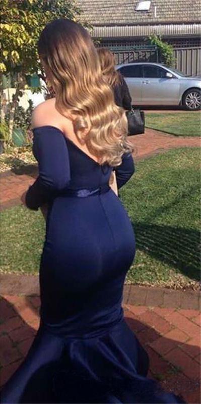 2019 Navy Blue Bridesmaid Dresses Elegant Off Shoulder Long Sleeves Hi Lo Ruffles Mermaid Prom Evening Dress Plus Size