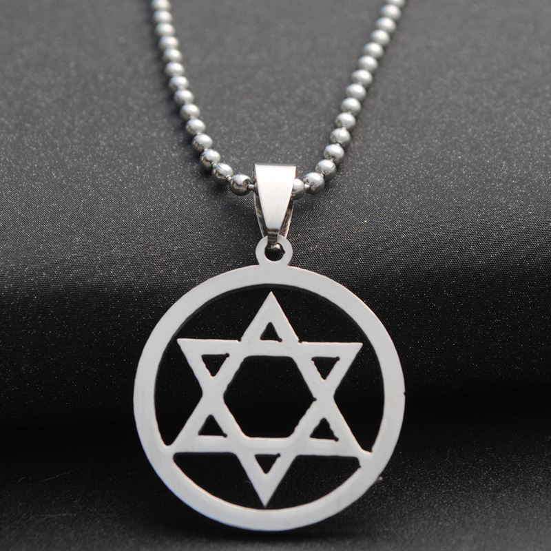 1pcs Stainless Steel Hexagon Six-pointed Star Magic Symbol Necklace Israel Emblem Necklace Geometric Round Overlapping Triangle Necklace