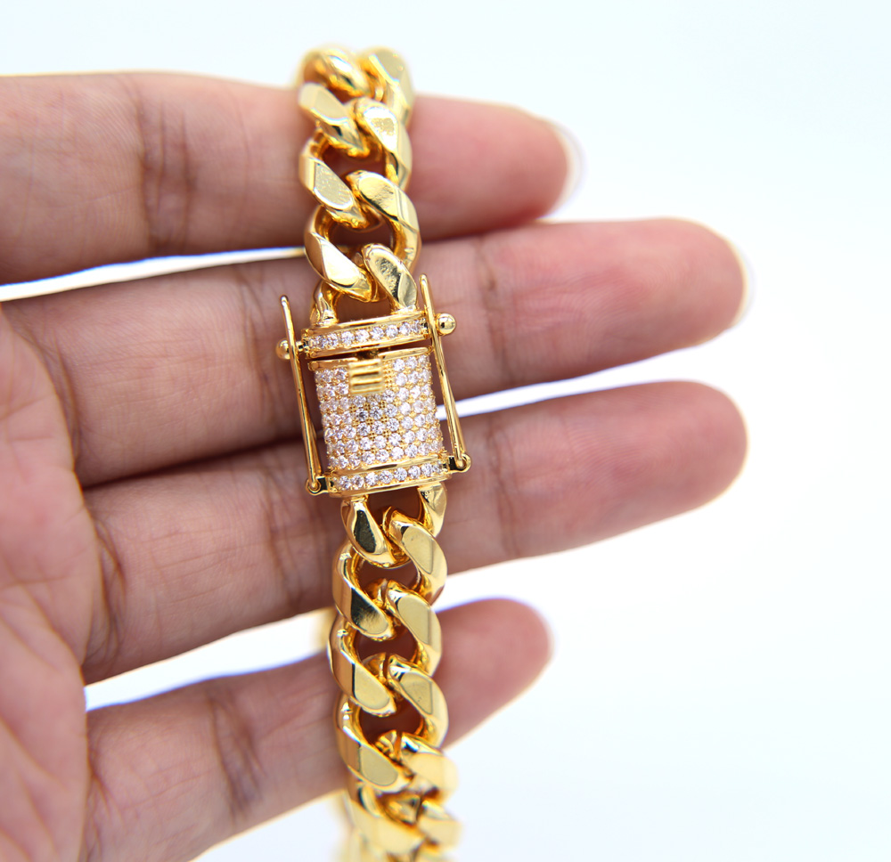 Iced Out Bling cuban necklace set Full Paved cz clasp Hip Hop Necklace bracelet set for Men Miami Cuban Link Gold filled Men's Chain