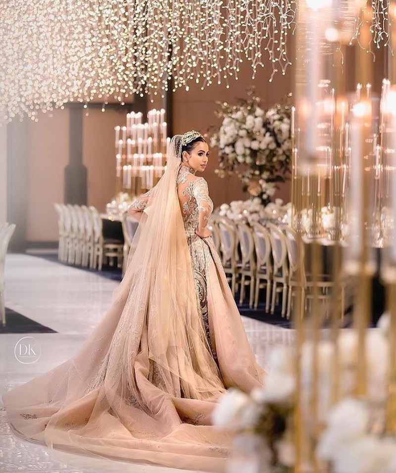 Dubai Arabic Luxury Wedding Dresses With Detachable Skirt High Neck Beads Long Sleeve Illusion Mermaid Wedding Dress Plus Size Bridal Gowns