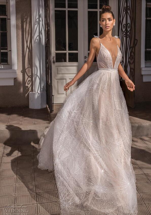 Elihav Sasson 2019 Wedding Dresses Spaghetti Lace Appliques Pearls Sexy Backless Long Train Beach Wedding Gowns Plus Size vestido de novia