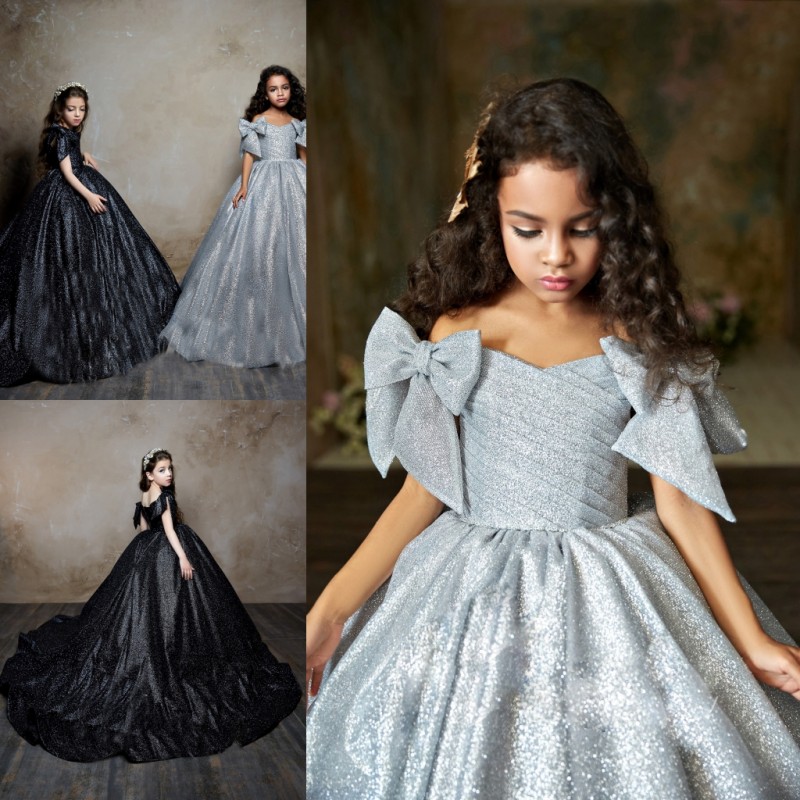 pentelei sequined pageant dresses off the shoulder pleats princess kids wer girls dress sier black birthday gowns