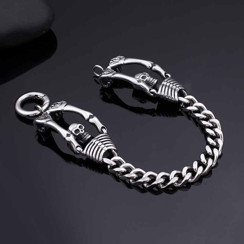 Double Skeleton Stainless Steel Bracelet Punk Men's Ancient Silver Thick Heavy Hip Hop Rock Bangle Jewelry